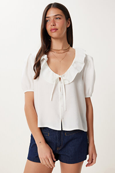 Happiness İstanbul Women's Ecru Flounce Detail Modal Blouse Lmx0095