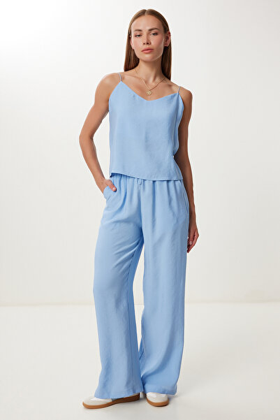 Happiness İstanbul Women's Sky Blue Strap Modal Blouse Pants Set Lrv0108