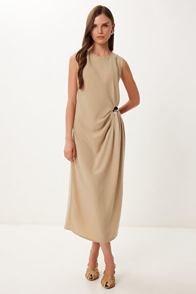 Happiness İstanbul Women's Beige Draped Midi Woven Dress with Accessories Lrv0113