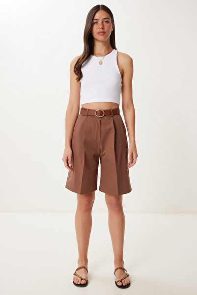 Happiness İstanbul Γυναικείο υφαντό σορτς βερμούδας με καφέ τσέπες HFK0003