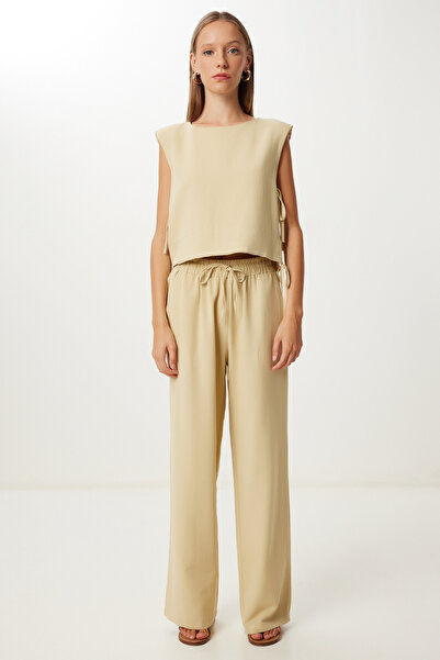 Happiness İstanbul Women's Beige Padded Linen Blouse Pants Set Lrv0115