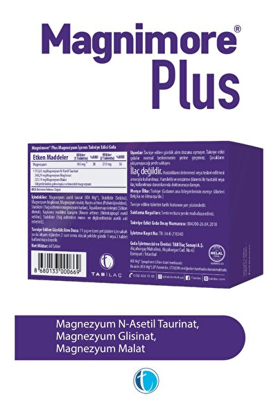Magnimore Plus Magnezyum 60 Tablet N-Asetil Taurinat Bisglisinat Malat