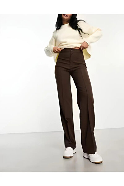 exxitcollection Pantaloni palazzo maro din țesătură crep cu talie înaltă pent...