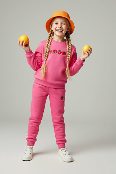 TRENDYOLKIDS طقم سفلي محبوك للفتيات ذو ياقة دائرية مطبوعة باللون الوردي الداكن - طقم علوي TKDAW26AU00045