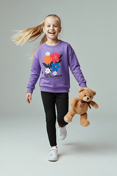 TRENDYOLKIDS Lilac Cotton Floral Thick/Inside Fleece Oversize Girl's Knitted Bottom - Top Set Tkdaw26Au00049