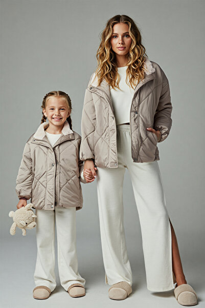 TRENDYOLKIDS Stone Plain/Basic Stand Collar Thick Quilted Regular Girls' Coat Tkdaw26Mo00011