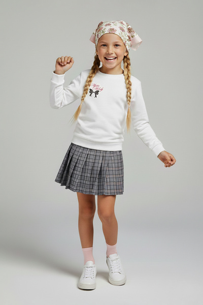 TRENDYOLKIDS طقم بناتي منسوج بياقة دائرية وتنورة عادية من إكرو إيكوري - طقم علوي وسفلي TKDAW26AU00040