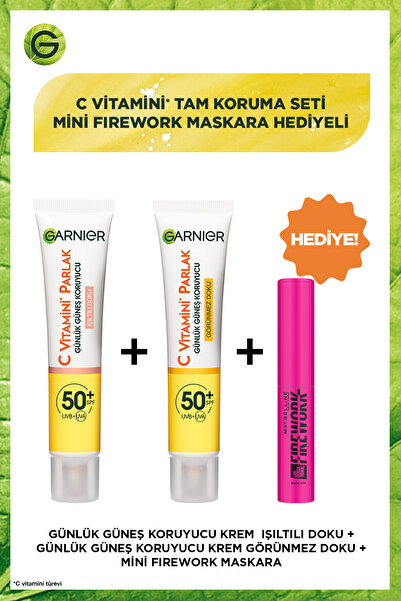 Garnier 2'li Garnier 50+ SPF Yüz Güneş Kremi Görünmez Doku ve Işıltılı Doku & Firework Mini Maskara