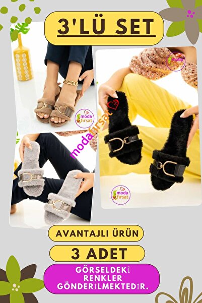 Modafırsat Σετ 3 γυναικείες παντόφλες με χνούδι, καθημερινές παντόφλες για το σπίτι, παντόφλες για επισκέπτες, παντόφλες νύφης, σετ 3 παντόφλες