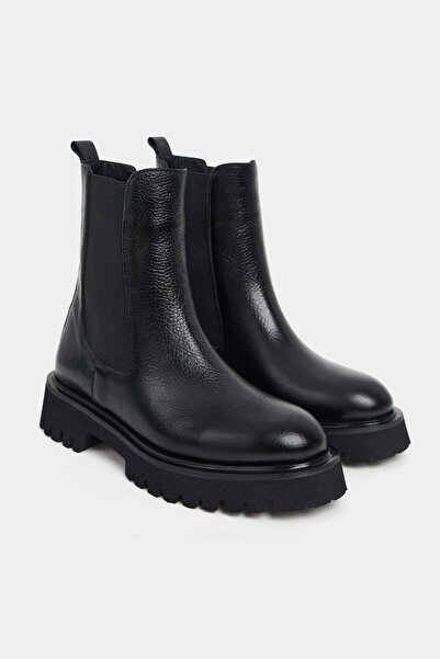 NİŞANTAŞI SHOES Lennon Siyah Hakiki Deri Lastik Detay Kalın Taban Kadın Bot
