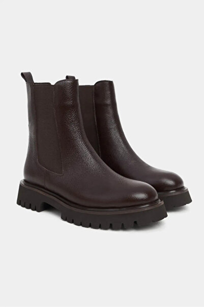 NİŞANTAŞI SHOES Lennon Kahve Hakiki Deri Lastik Detay Kalın Taban Kadın Bot