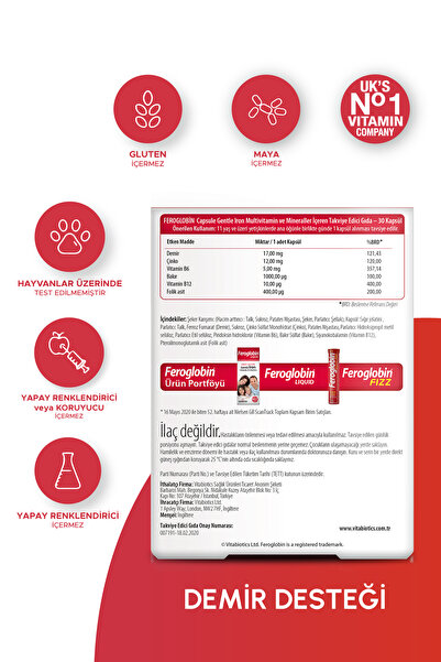 Vitabiotics Feroglobin Demir(Gentle Iron),Vitamin B12,Folik Asit,Çinko,Bakır İçeren Takviye Edici Gıda 30 Kapsül