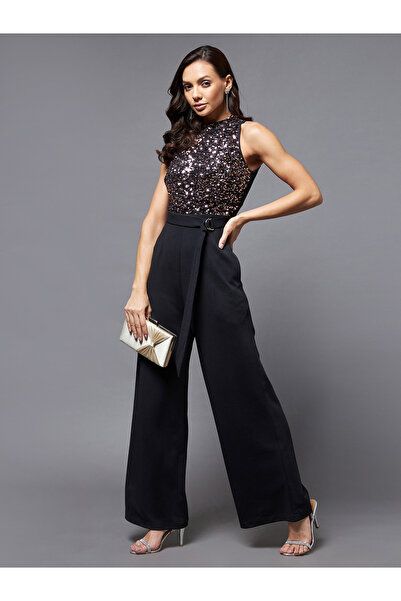 Miss Chase By Styli Black Sequined Mesh Insert Jumpsuit