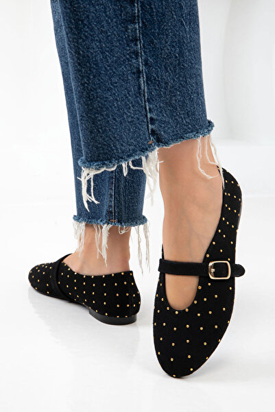 SOHO Black Suede Genuine Leather Women's Ballerinas 20996