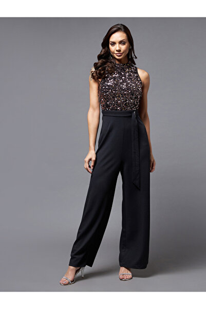 Miss Chase By Styli Black Sequined Mesh Insert Jumpsuit
