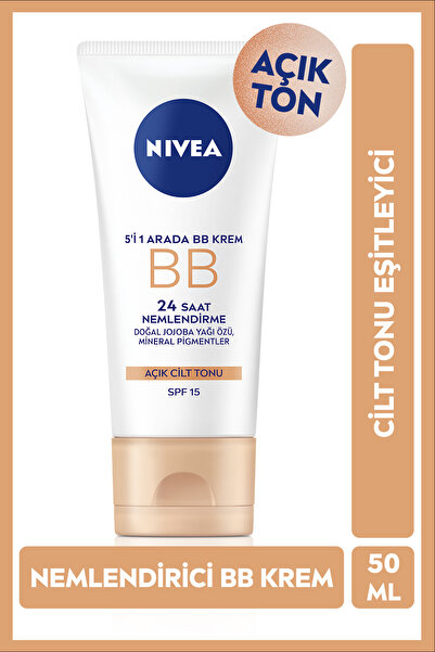 NIVEA Nemlendirici BB Krem 50ml, Cilt Tonu Eşitleyici, SPF15 Güneş Koruyucu, Gözenek Görünümü, Açık Ton