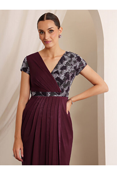 Miss Chase By Styli Burgundy Embellished Lace Maxi Dress