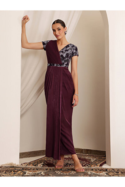 Miss Chase By Styli Burgundy Embellished Lace Maxi Dress