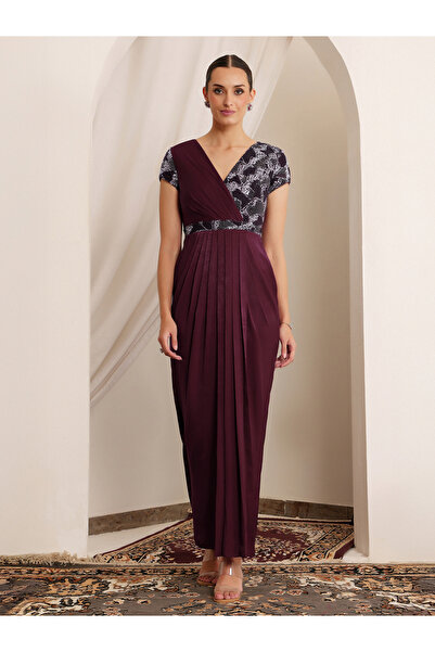 Miss Chase By Styli Burgundy Embellished Lace Maxi Dress