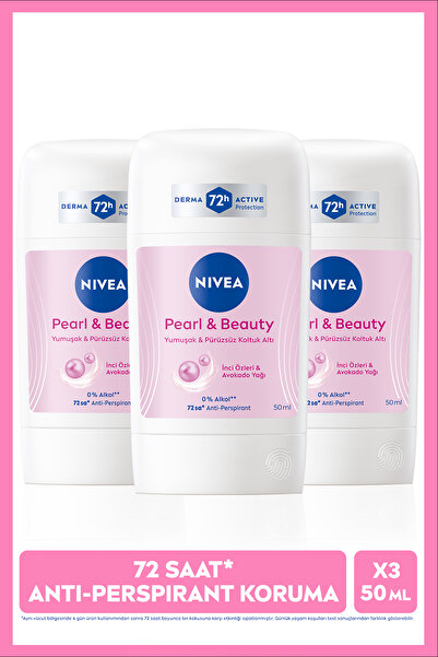 NIVEA Kadın Stick Deodorant Pearl&Beauty 50ml, 72 Saat Anti-perspirant, Terleme Karşıtı, X3 Adet Avantajlı