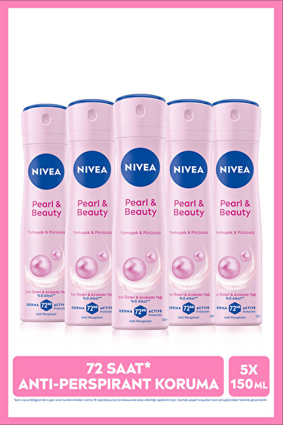 NIVEA Kadın Sprey Deodorant Pearl&Beauty 150ml, 72 Saat Terlemeye Karşı Koruma, X5 Adet, Avantajlı Paket