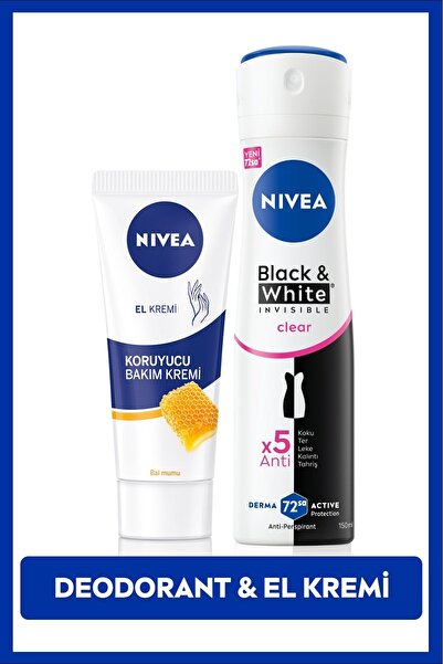 NIVEA Koruyucu Nemlendirici El Bakım Kremi 75ml ve Kadın Sprey Deodorant Black&White 150ml, Ter Koruması