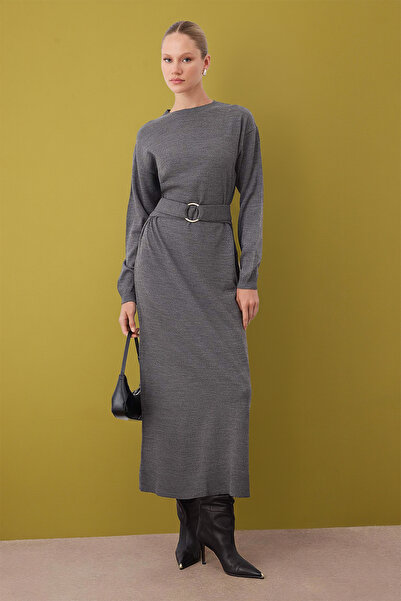 Trendyol Modest Anthracite Belt Knitwear Dress with Metal Accessories Tctaw26Eb00049