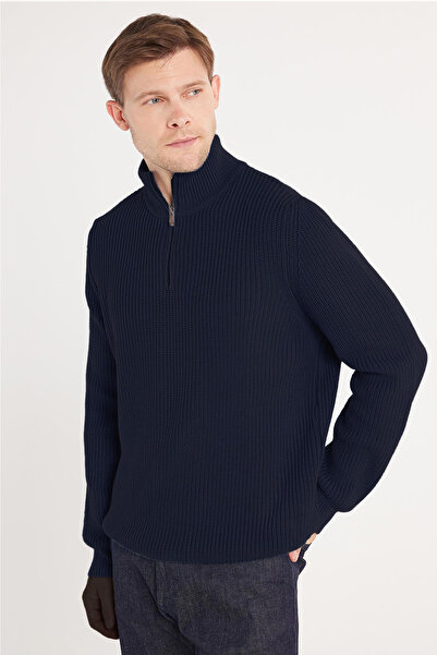 Tudors Erkek Slim Fit Dar Kesim Fermuarlı Lacivert Dik Yaka Triko Kazak