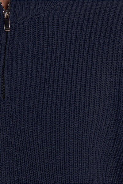 Tudors Erkek Slim Fit Dar Kesim Fermuarlı Lacivert Dik Yaka Triko Kazak