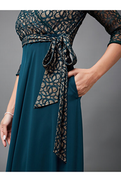 Miss Chase By Styli Green Lace Maxi Dress with 3/4 Sleeves