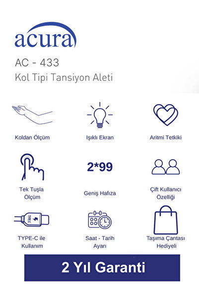 Acura AC-433 Işıklı Ekranlı 198 Hafızalı Koldan Tansiyon Aleti