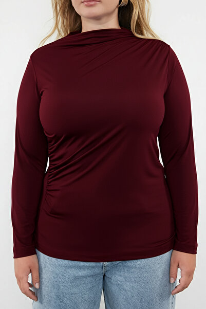 Trendyol Curve Μπορντό γιακά με λεπτομέρεια πλεκτή μπλούζα σε μεγάλο μέγεθος TBBAW25AF00014
