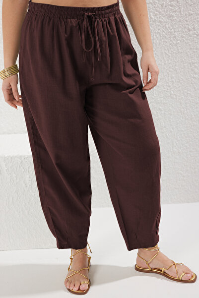 Trendyol Curve Brown with a Ribbon High Waist Carrot/Baggy Beach Wear Plus Size Pants Tbbss25Ar00001
