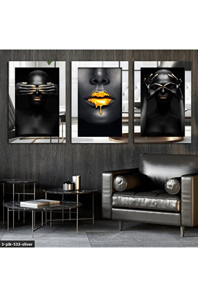 Evinemoda Femei africane Tablou cu oglindă din plexiglas argintiu 3 piese