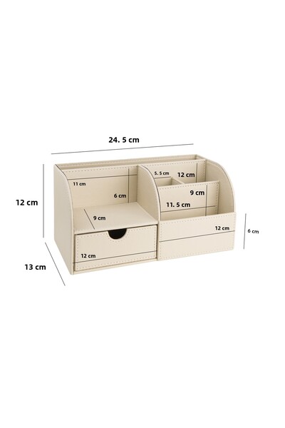 2K Desktop Organizer, Pen Holder, Remote Control Holder, Cube Notepad Holder, Tablet Holder, Bookshelf, 6 Compartments, Drawers, Beige