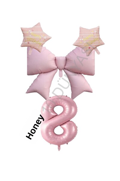 BAL10 DÜNYASI Pink Color Star Bow Number Foil Balloon Set Age 8