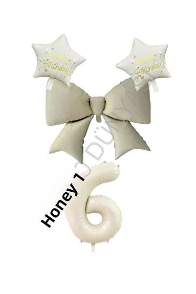 BAL10 DÜNYASI Cream Color Star Bow Number Foil Balloon Set Age 5