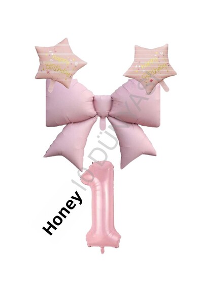 BAL10 DÜNYASI Pink Color Star Bow Number Foil Balloon Set 1 Year Old