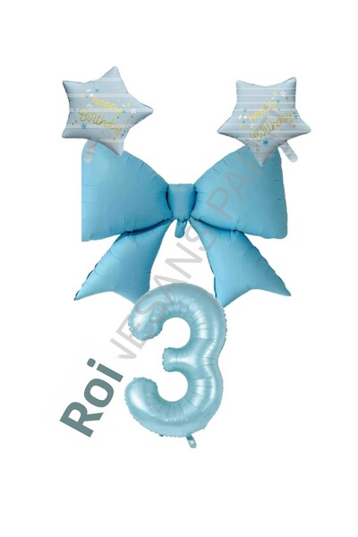 RÖNESANS PARTİ Blue Color Star Bow Number Foil Balloon Set 3 Years Old