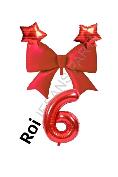 RÖNESANS PARTİ Red Color Star Bow Number Foil Balloon Set 6 Years Old