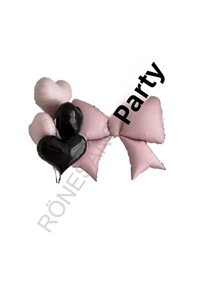RÖNESANS PARTİ Pink Color Bow and Heart Foil Balloon Set
