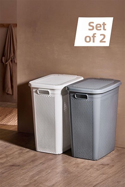 Bayev Lundo Set of 2 White and Gray Rectangular Dirty Laundry Baskets - Laund...