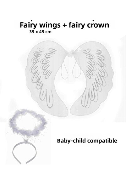 Generic Brand White lace tulle fairy wing and fairy crown set 45x40 cm