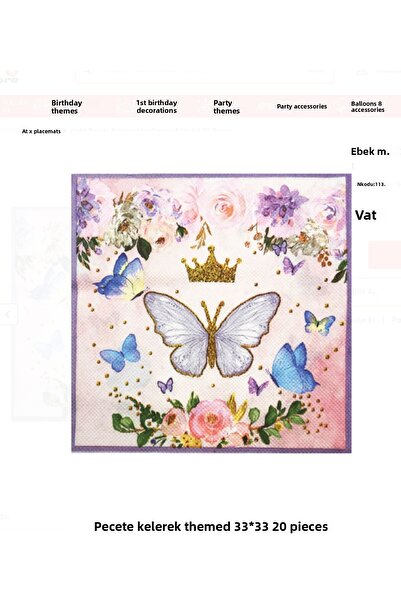 Partifabrik Colorful Flowers Butterflies Themed White Paper Napkin