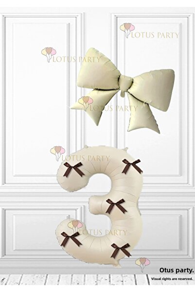 LOTUS PARTY بالون على شكل رقم بلون كريمي مع فيونكة بلون بني، بالون فويل بلون ...