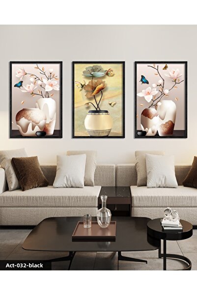 CeSht Flowers in a Vase 3 Piece Black Wooden Framed Painting