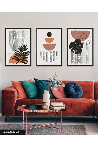 CeSht Flori abstracte cu frunze 3 piese pictură înrămată cu lemn negru