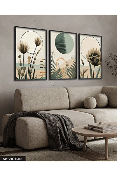 CeSht Tablou în stil boho cu aspect acuarelă, 3 piese, cu rame din lemn negru