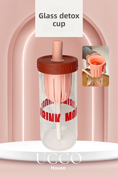 UCCO زجاجة مياه زجاجية سعة 600 مل مع ماصة للشرب - زجاجة مياه، مشروبات غازية، عصير ليمون - كوب تقديم 605C