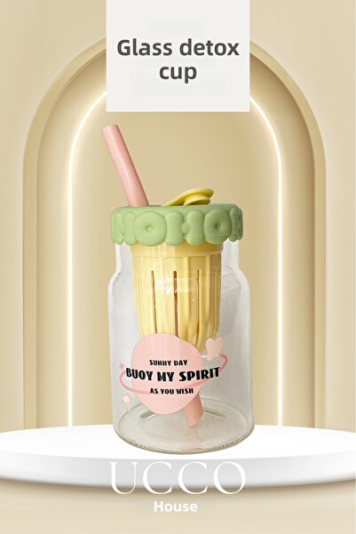 UCCO 550ml Spirit Patterned Glass Detox Flask with Straw - Presentation Cup for Milk, Water, Soft Drinks, Lemonade